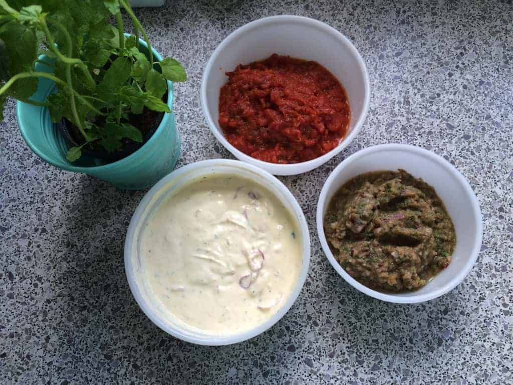 Baba ghanoush, mangoyoghurt og chili-tomatdip